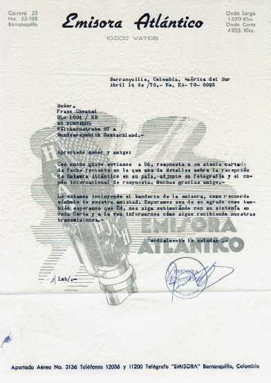 Radio Emisora Atlantico, Colombia   vom 08. März 1970
