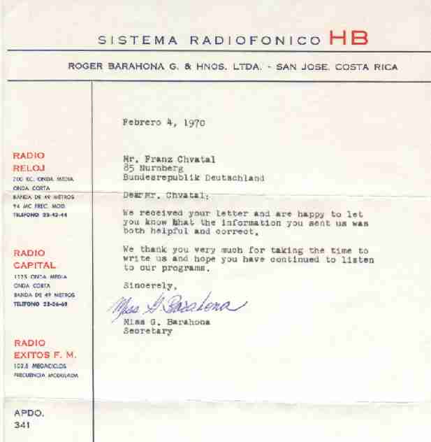 Radio Reloj, Costa Rica    QSL-Brief  vom 19.01.1970